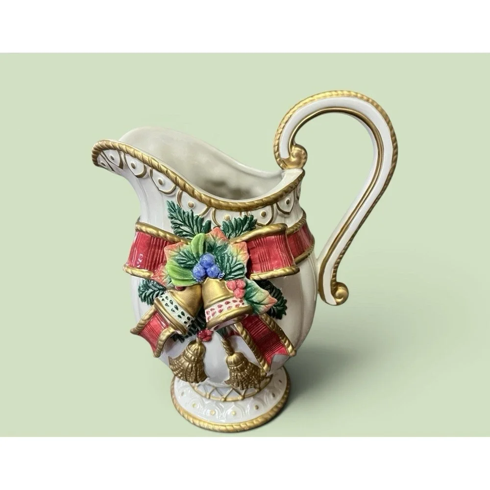 Fitz & Floyd Classics Christmas Deer Bow Bells Serving Pitcher Vase Bells Ribbon